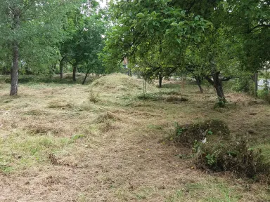 Časť pokosenej záhrady. Už vidno aj stromy, navozené betóny, kopu stavebného odpadu a iné skryté prekvapenia. 