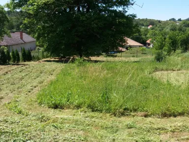 Zaznamenaný priebeh prác. Bubnová kosačka pracovala spoľahlivo. Na fotografii je zobrazená pokosená časť záhrady a v strede fotografie sa nachádza nepokosená časť. 