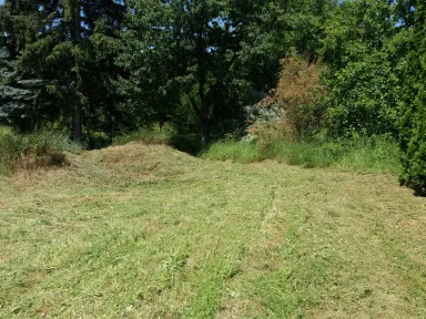 Pohľad na čiastočne pokosenú záhradu z iného uhla. V popredí je pokosená časť záhrady. V pozadí, pod stromamy je vidno ešte nepokosenú časť. Väčšina stromov, osobitne v ľavej časti fotografie bola neskôr odstránená.